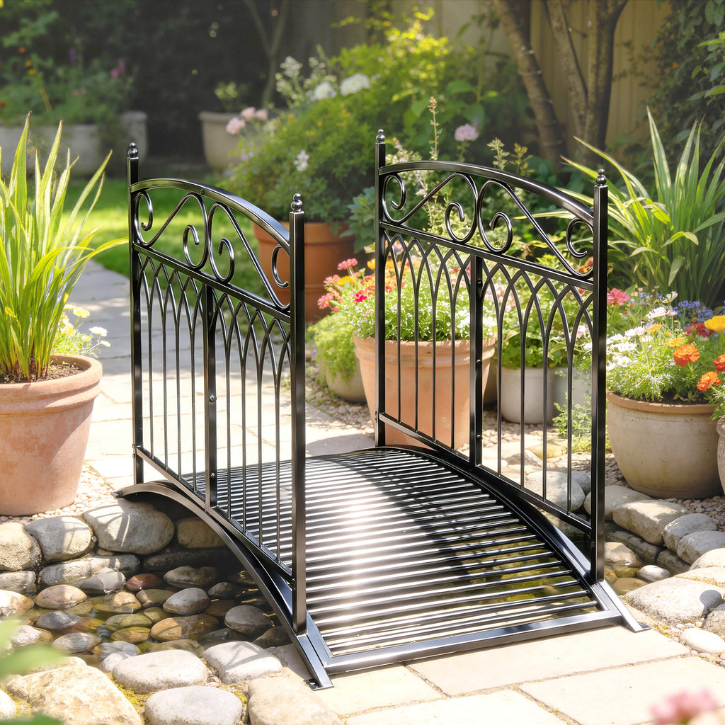 Gartenbrücke aus Metall 135,5 cm Teichbrücke mit Sicherheitsgeländern Antik-Optik Rostbeständig einfache Montage