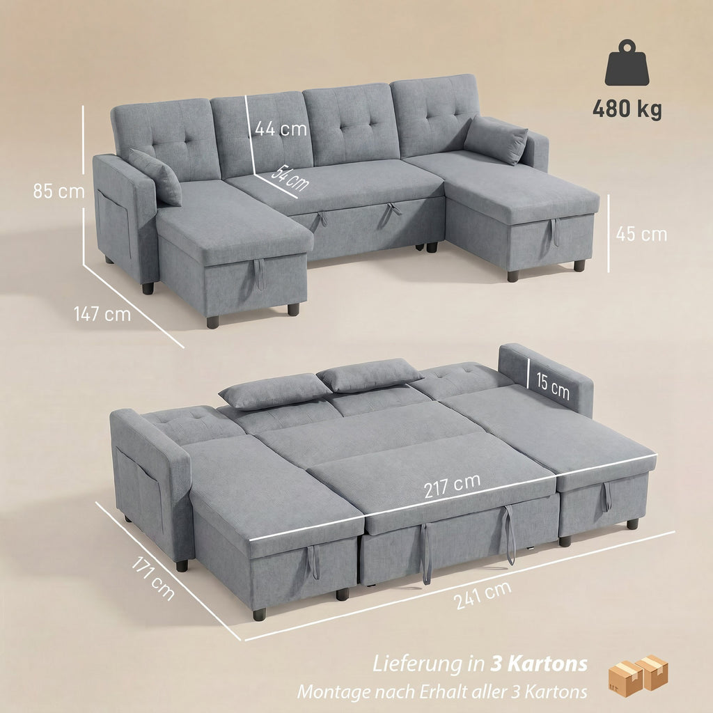 Ecksofa mit Schlaffunktion und Bettkasten U-Form 4-Sitzer Sofa mit Chaiselongue, verstellbarer Rückenlehne, Leinenoptik
