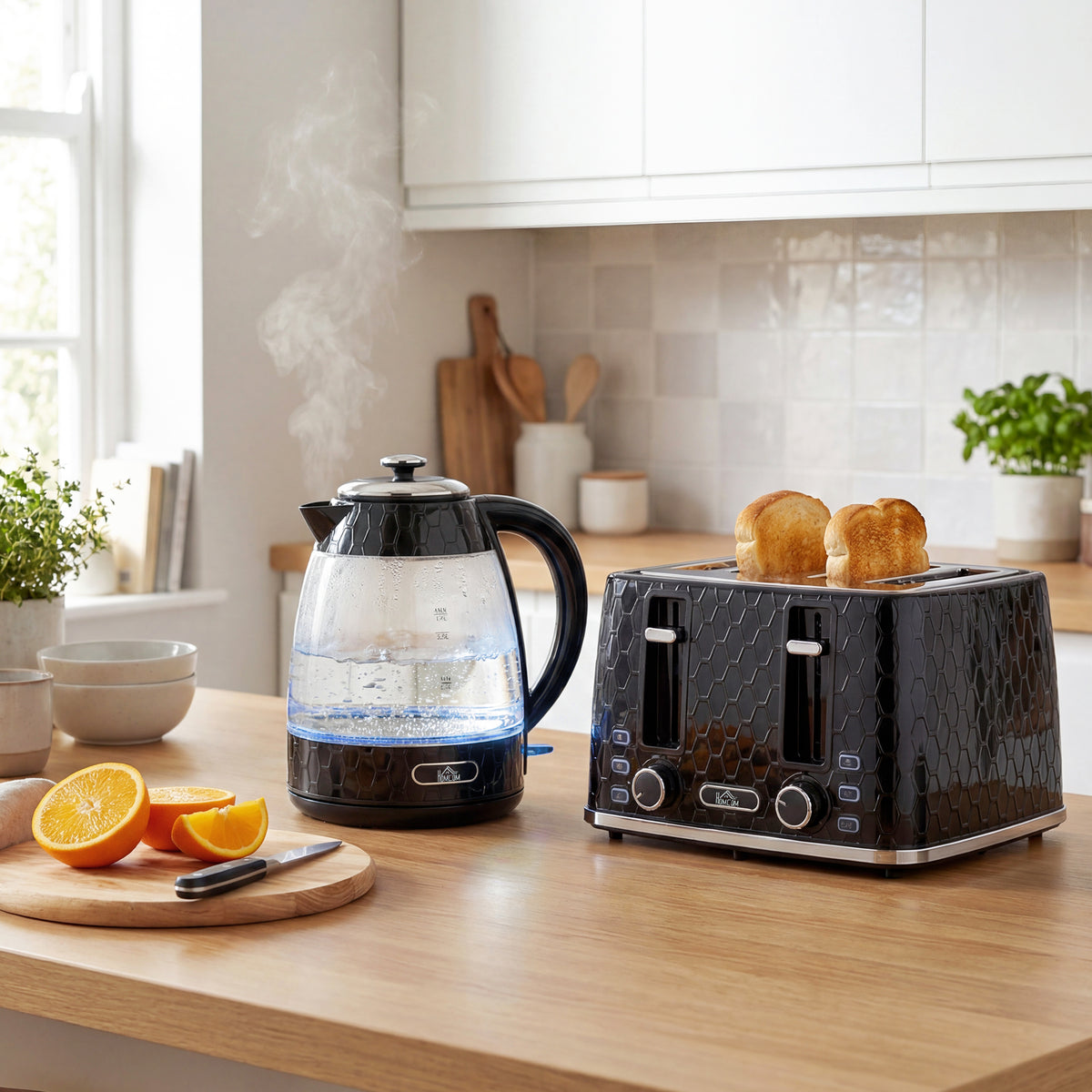 1,7L 2200W Schnellkoch-Wasserkocher und 4-Scheiben-Toaster-Set mit Kalkfilter, Schwarz