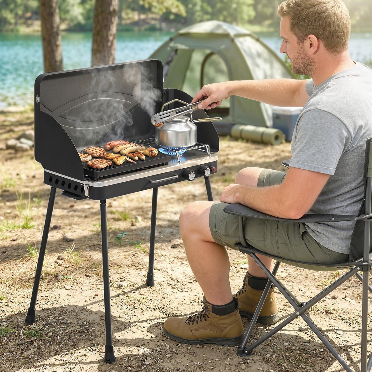 Tragbarer Gasgrill 2 Brenner 7 kW 2-in-1 Tischgrill mit Braten klappbar Beinen Grillrost Windschutz Deckel Verschluss