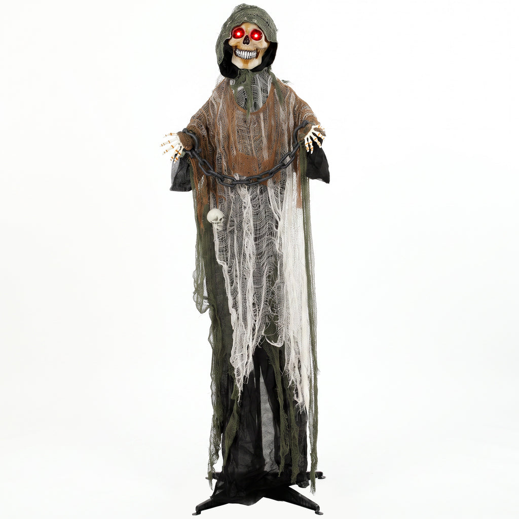 170cm Animated Grim Reaper, Life-Size Halloween Animatronic with Moving Hands/Head, Glowing Eyes, Creepy Sound