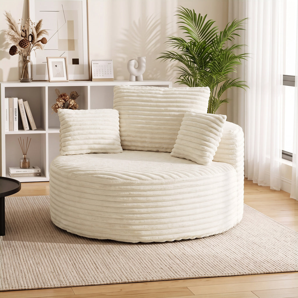 Sessel mit tiefer Sitzfläche, Einzelsofa ohne festen Rahmen, Vollschaum-Design, 4 Kissen, Cremeweiß