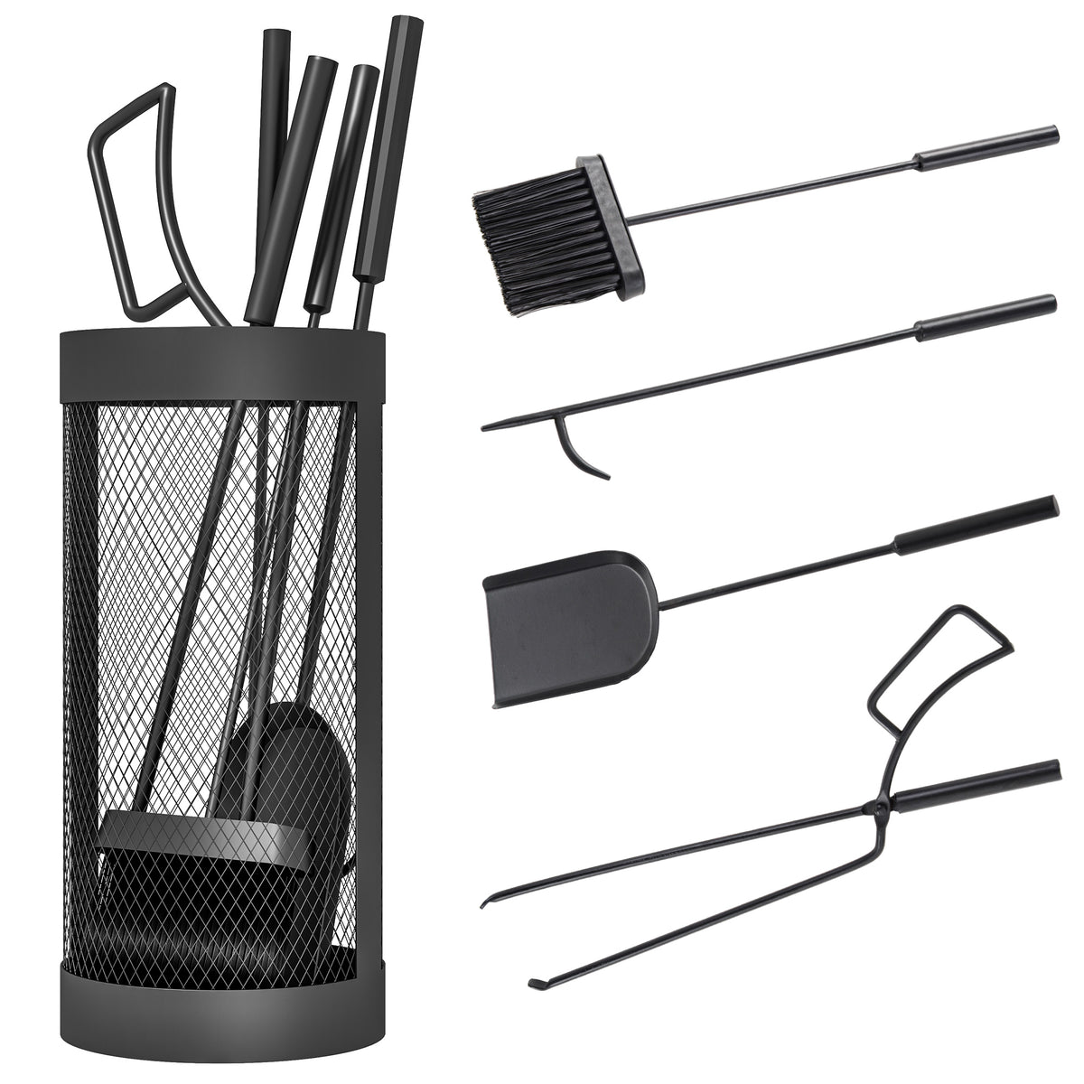 5-Piece Fireplace Tools Set with Mesh Basket, Indoor Outdoor Fireside Accessories for Fireplaces, Fire Pits, Black