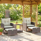 Rattan Gartenmöbel Set 5-teiliges Balkonmöbel Set mit 2 Stühle Kissen Hocker Tisch Staufach Cremeweiß