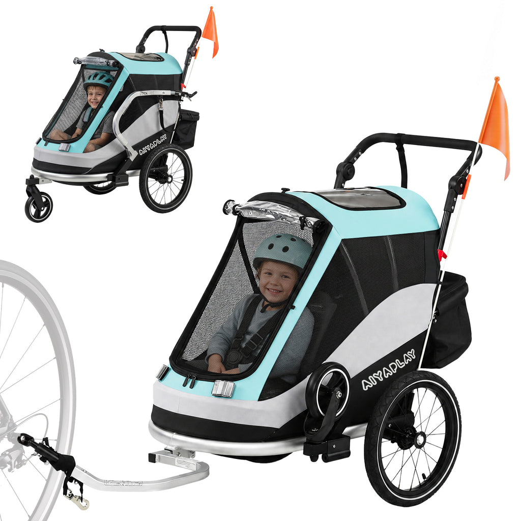 2 in 1 Fahrradanhänger & Buggy Faltbar Kinderfahrradanhänger mit 5-Punkt Gurt Reflektoren 16-Zoll-Luftreifen Bremse