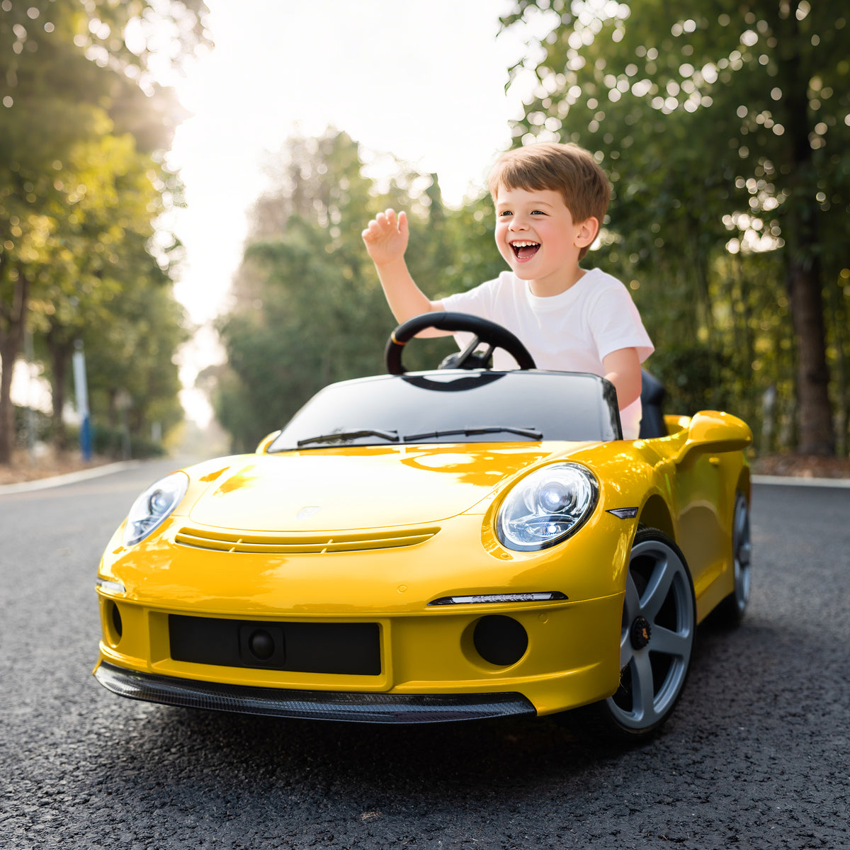 Elektrisches Aufsitzauto f¨¹r Kinder, fernsteuerbar, Musik, Hupe, USB, Sicherheitsgurt, f¨¹r 3-5 Jahre, Gelb