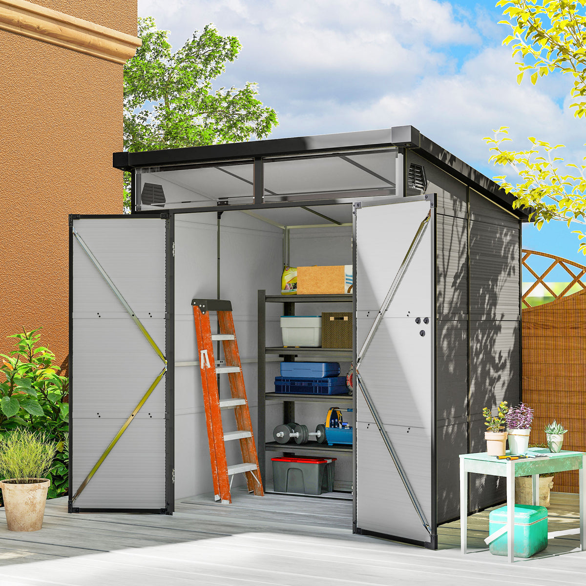  6 x 6ft Outdoor Storage Shed, Plastic Garden Shed with Windows and Air Vents, Outdoor Resin Tool Shed with Latch Doors for Garden, Deck, Light Grey