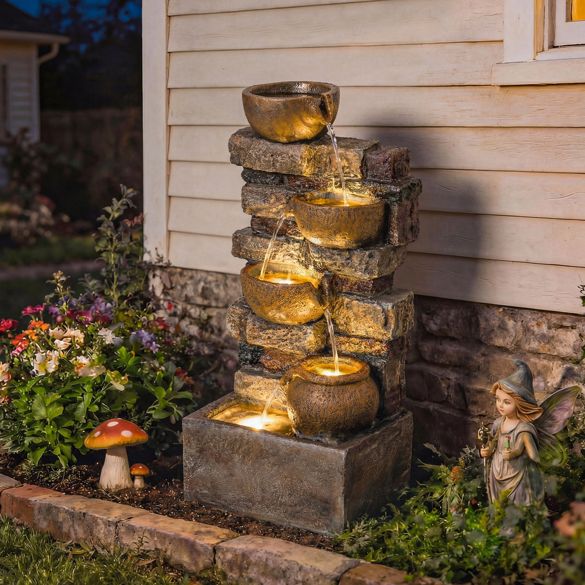 Springbrunnen 5-stufig Gartenbrunnen mit LED Beleuchtung Steinoptik Pumpe, Verstellbar 31 x 25,5 x 72 cm