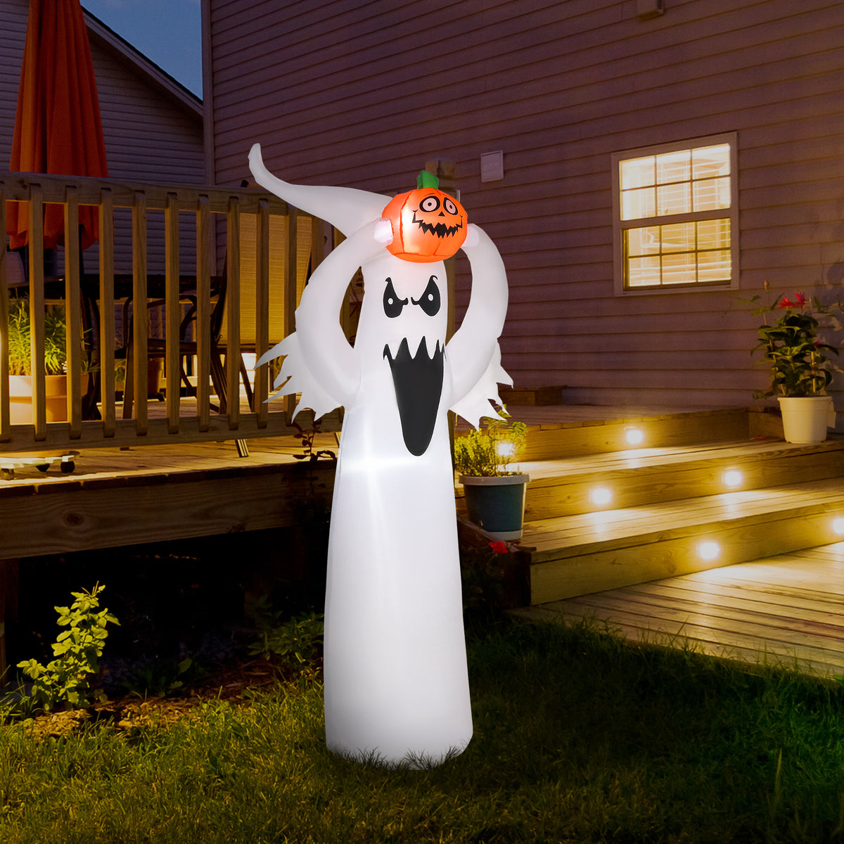 Halloween aufblasbares Gespenst 1,8 m Dekoration mit LEDs Weiß + Orange Polyester 80 x 40 x 180 cm