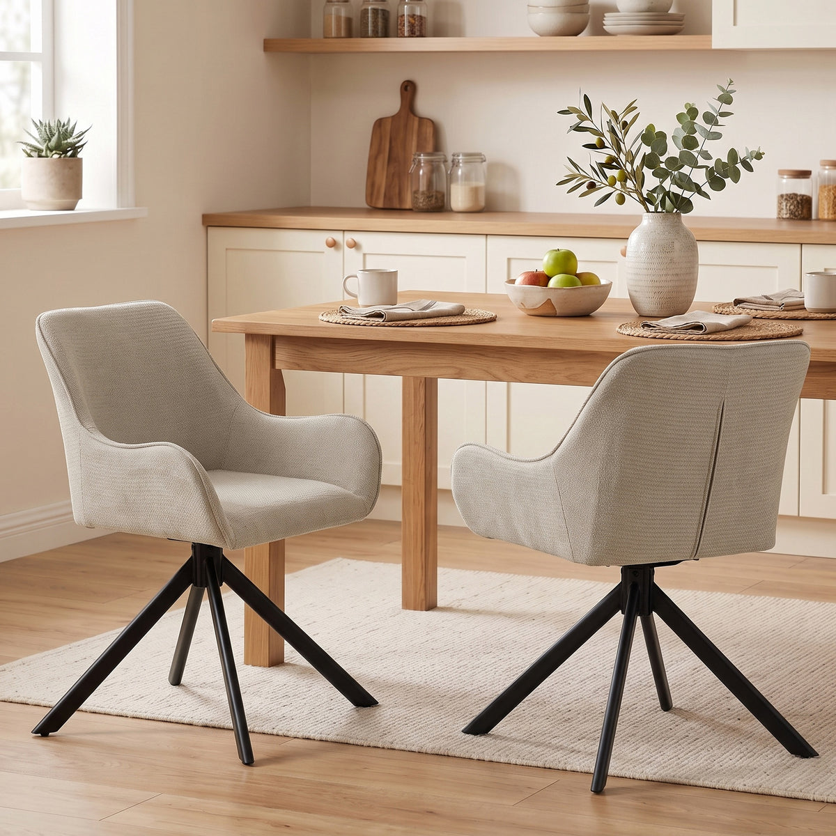 Esszimmerstühle 2er-Set, Drehbarer Küchenstuhl mit Armlehnen, Metallrahmen für Wohnzimmer, Esszimmer, Beige