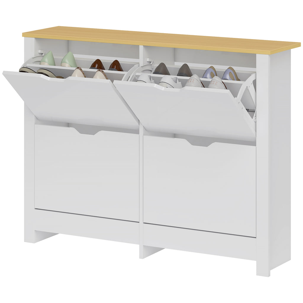 Schuhschrank Schmal mit 4 Klappfächern für 8–16 Paar Schuhe, 105 x 26 x 80 cm, Weiß+Natur