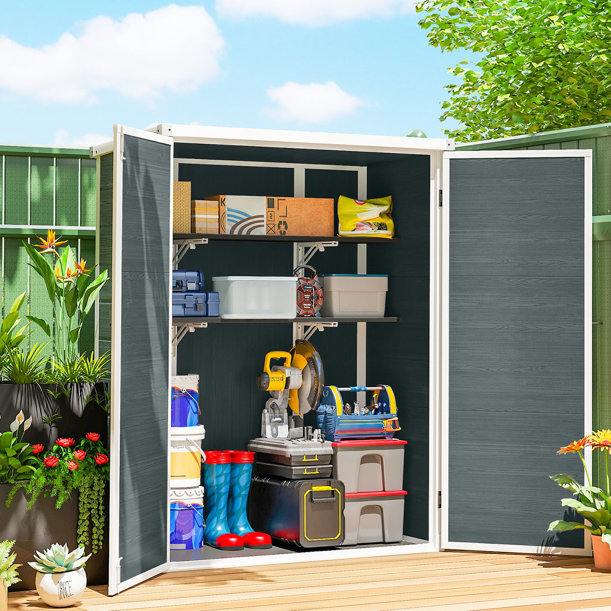 Gerätehaus 0,8m², Geräteschuppen mit klappbar Regale, 134 x 68,5 x 170 cm Kunststoff mit Abschließbar Doppeltür Boden