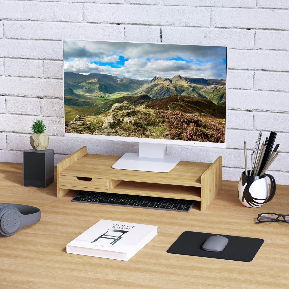 Monitor Riser Laptop PC Plinth Stand TV Computer Desktop Organiser W/ Drawer Bamboo