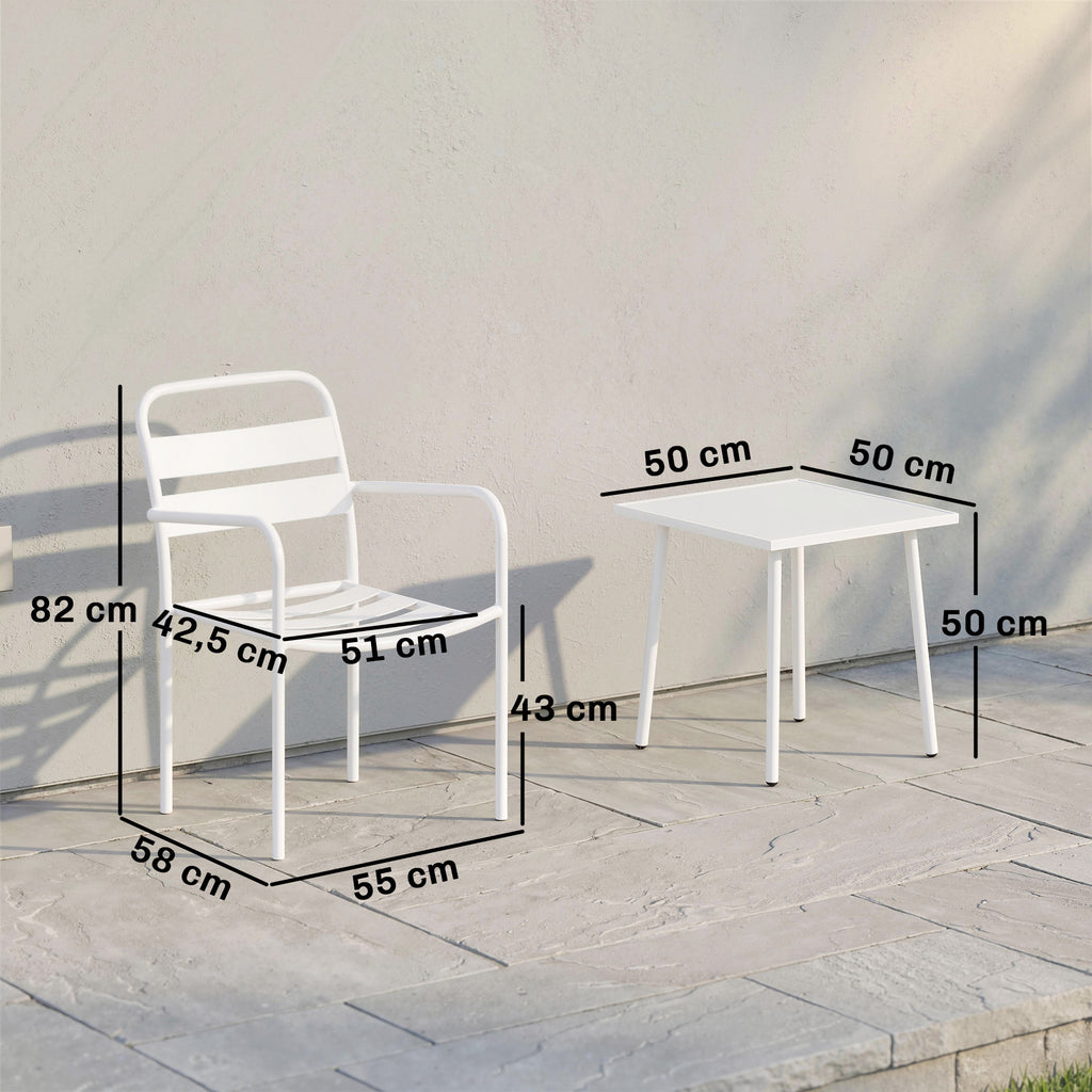 Bistroset 3 teiliges Metall Gartenmöbel-Set mit 2 Gartenstühlen, Glastisch, Lamellen-Design, Rostbeständig