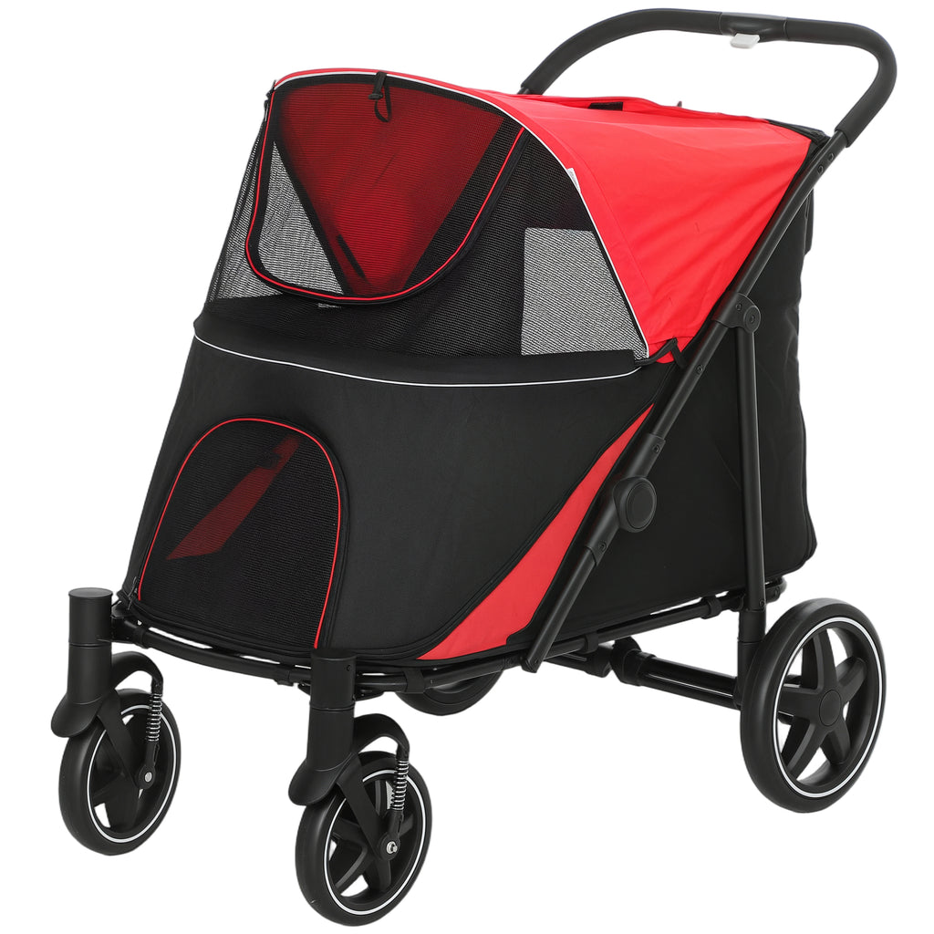 Foldable Pet Stroller, with Universal Wheels, Shock Absorbers, for Medium and Large Dogs, Red