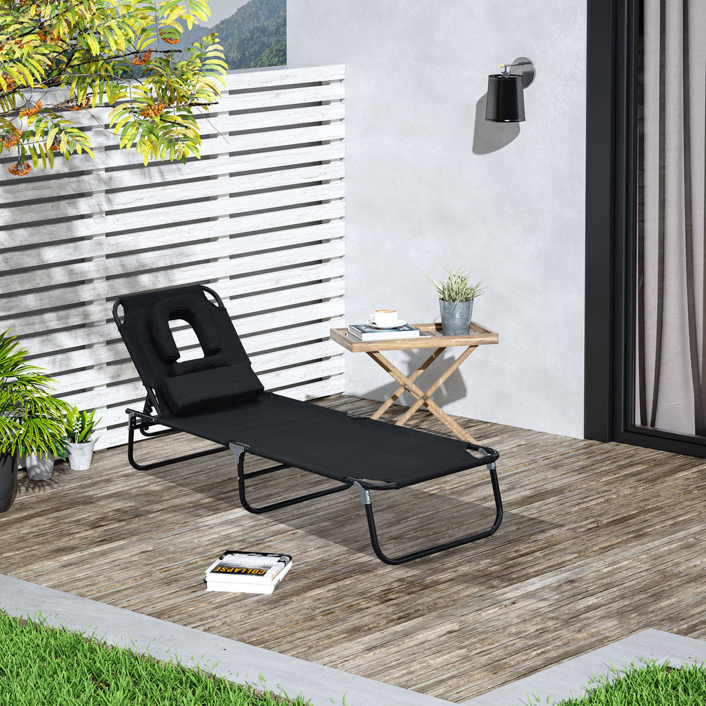 Sonnenliege klappbar Gartenliege mit Kopfkissen Liegestuhl mit 4-Fach verstellbare Rückenlehne Campingliege mit Gesichtsloch Gartenstuhl bis 120kg belastbar für Garten, Balkon Schwarz