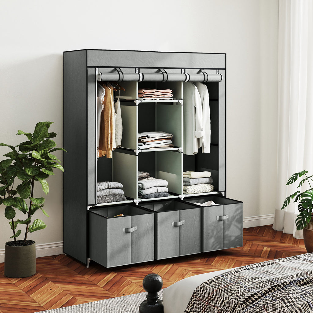 Stoffschrank aus Vlies, Faltschrank, inkl. 3 Schubladen, 125 cm x 43 cm x 162,5 cm, Hellgrau