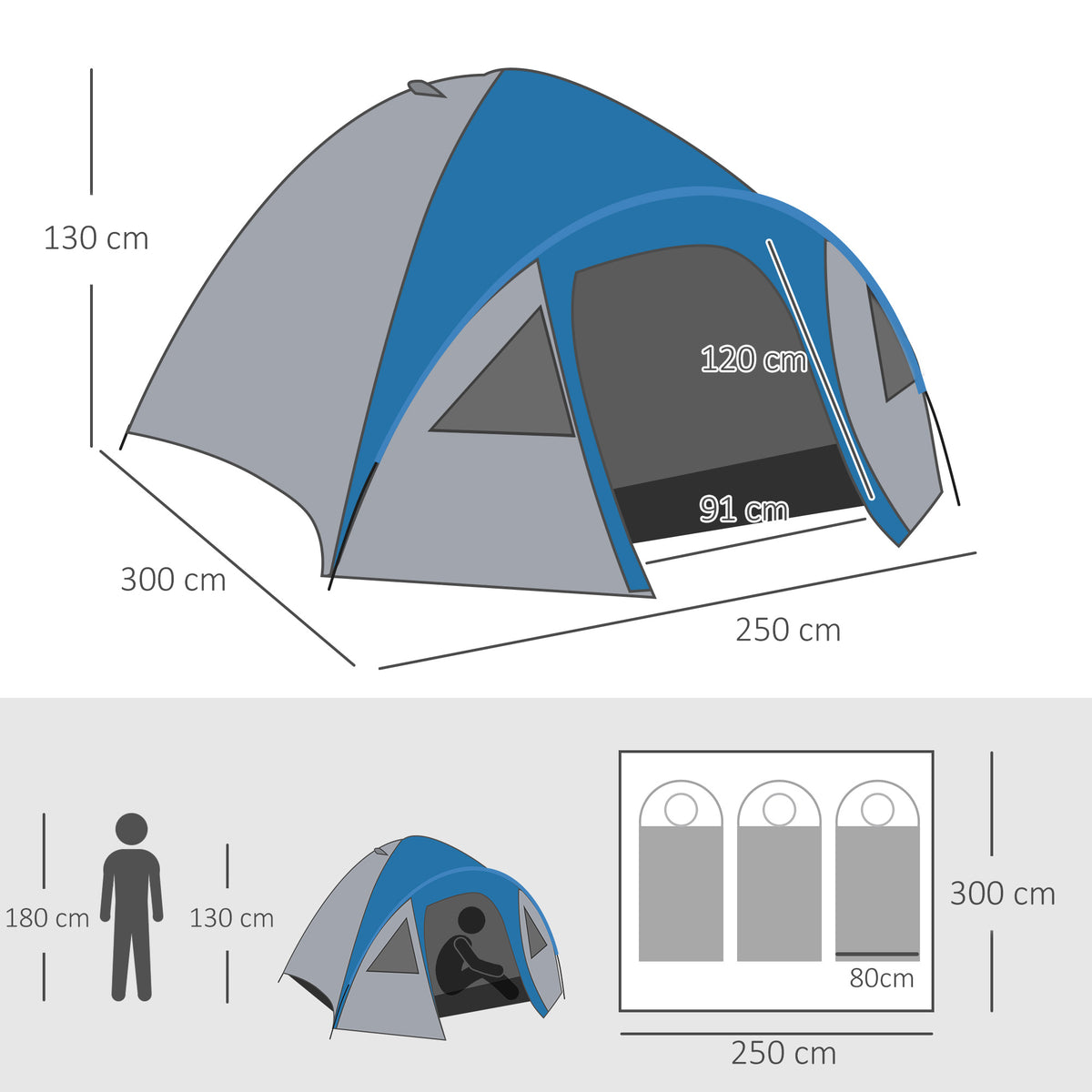Campingzelt für 3 Personen ganzjährig nutzbar 3,00 x 2,50 x 1,30m Blau+Grau
