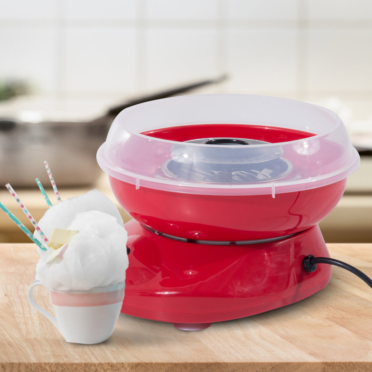Zuckerwattemaschine für Zuhause Cotton Candy Machine Zuckerwatte Maschine mit Stäbchen und Messlöffel Höhe 18 cm 550W für Kinderfest, Geburtstag, Party Rot