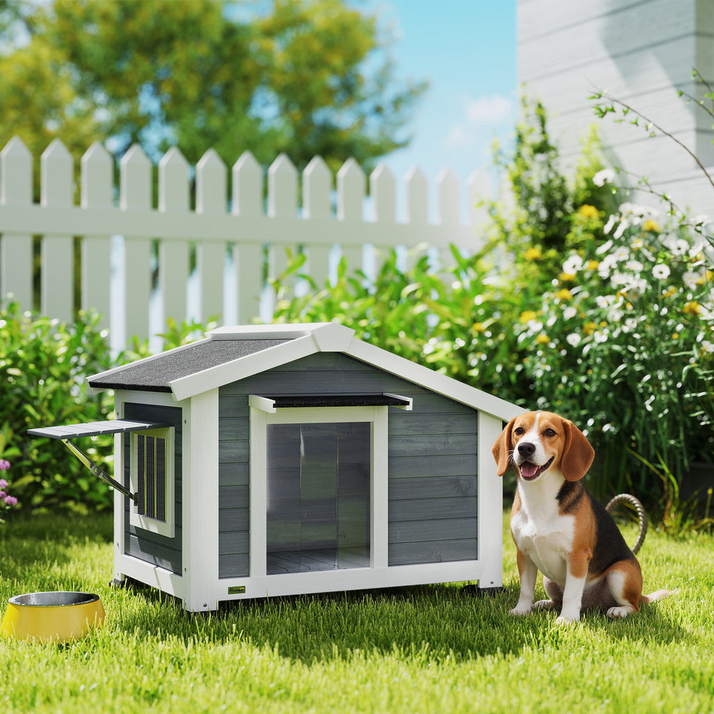 Hundehütte wetterfestes Hundehaus aus Holz mit herausnehmbarem Boden Asphaltdach öffnendem Fenster 98x76x69,5 cm Grau