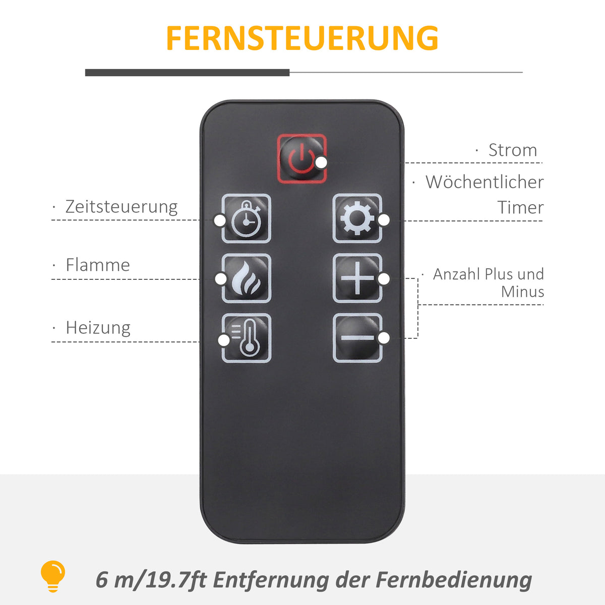 Elektrokamin mit 3D LED-Flammeneffekt, Heizkapazität 30 m², Fernbedienung, Weiß/Schwarz