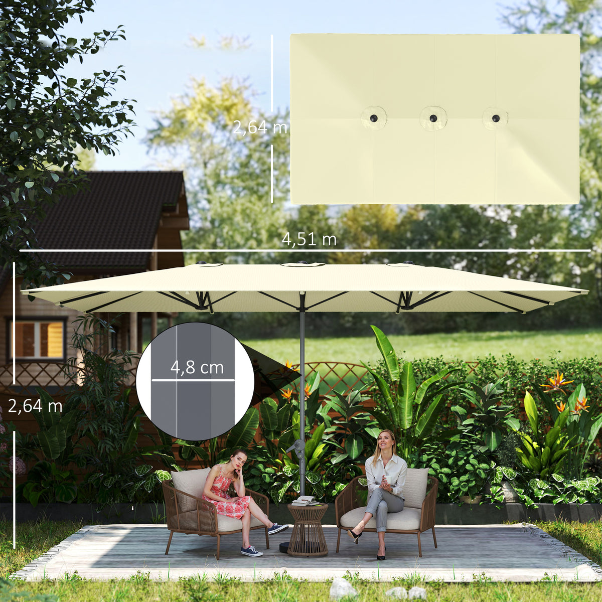 Doppelseitiger Schirm, 451 x 264 cm Sonnenschirm mit Kurbelsystem, 12 Metallstreben, Aluminiummast, Cremewei?