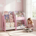 3-in-1 Kinderregal mit Spielzeugaufbewahrung, Modularer Bücherregal mit 4 Taschen & 3 Ebenen sowie Nachttisch, Rosa