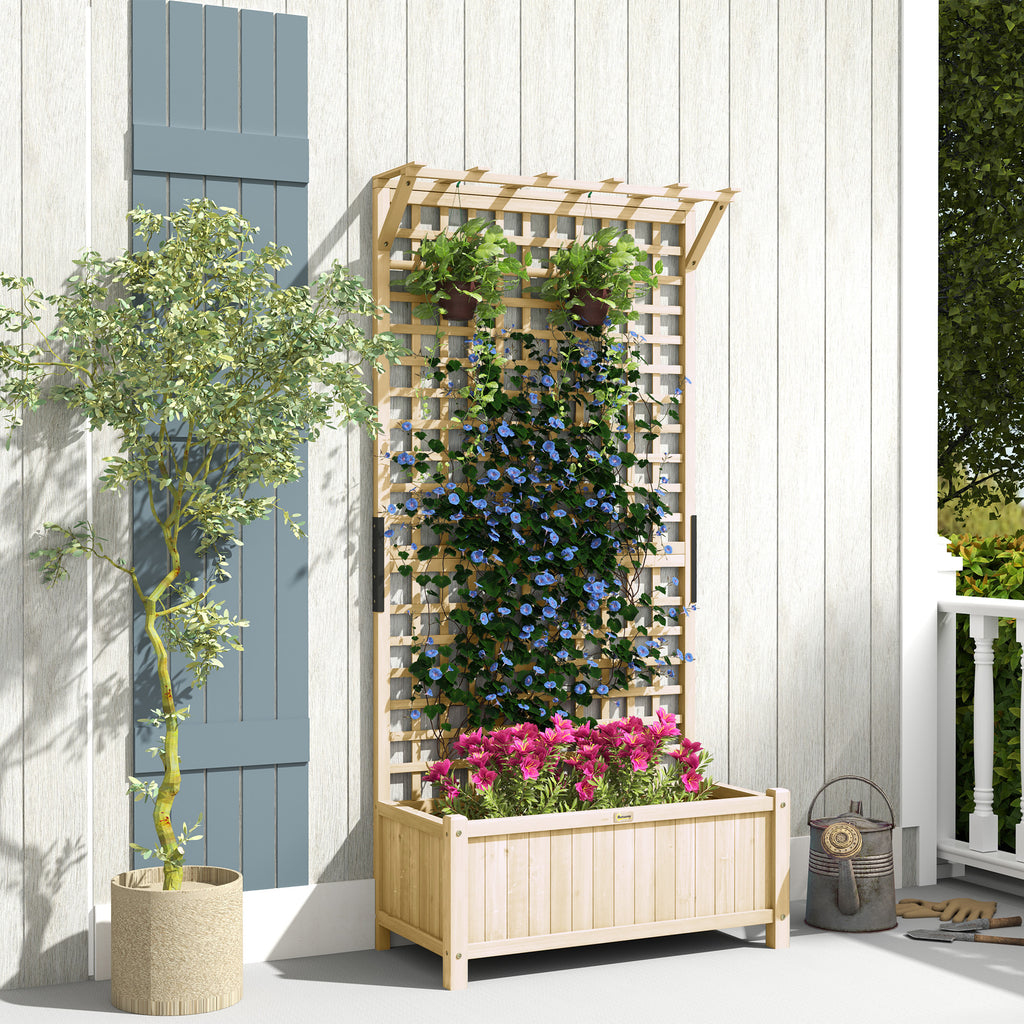 Raised Bed with Drainage Holes, Wood Planter with Trellis for Climbing Plants to Grow Vegetables, Flowers, Natural