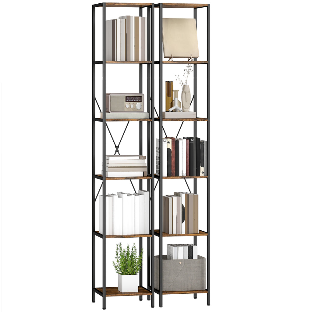 2er-Set 6-Ebenen-Bücherregal, Stahlrahmen, für Wohnzimmer, Büro, Schlafzimmer, Rustikal-Braun