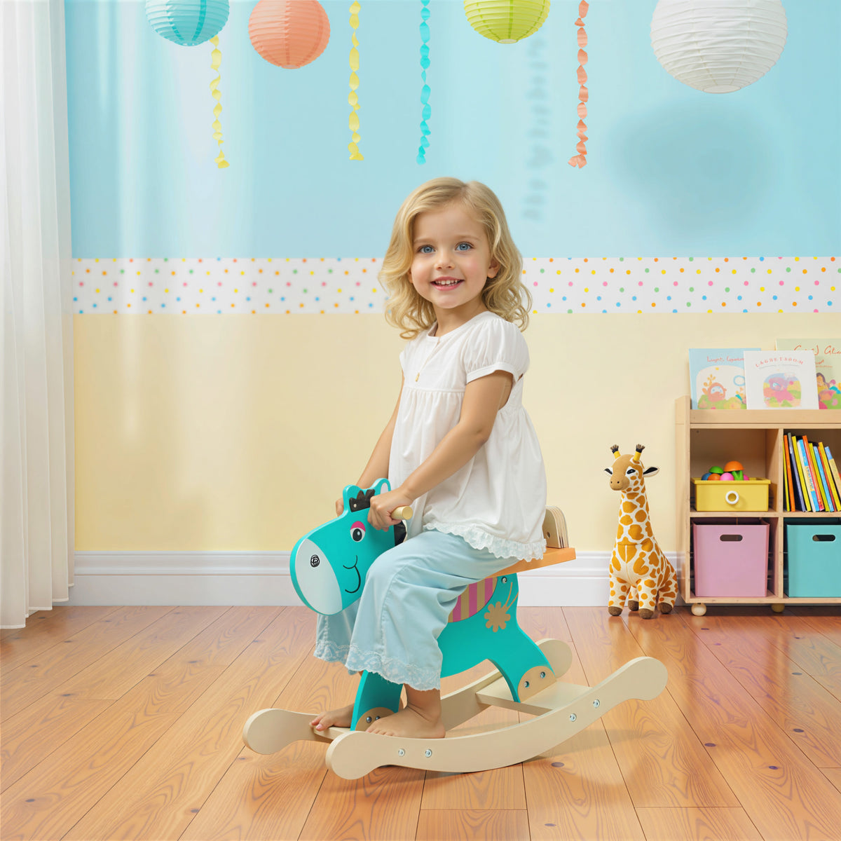 Schaukeltier Esel Baby Schaukelspielzeug mit Haltegriffen Schaukel Schaukelsitz 59 x 27 x 43 cm Blaugr¨¹n
