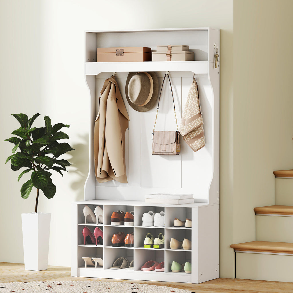 Garderobe mit Regal, Bank, Haken, Schuhfächern, Spanplatten, MDF, Weiß