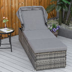 Sonnenliege aus Polyrattan mit Sonnendach Gartenliege verstellbar Rattanliege Gartenmöbel Liege mit Kissen Grau 195 x 65 x 40 cm