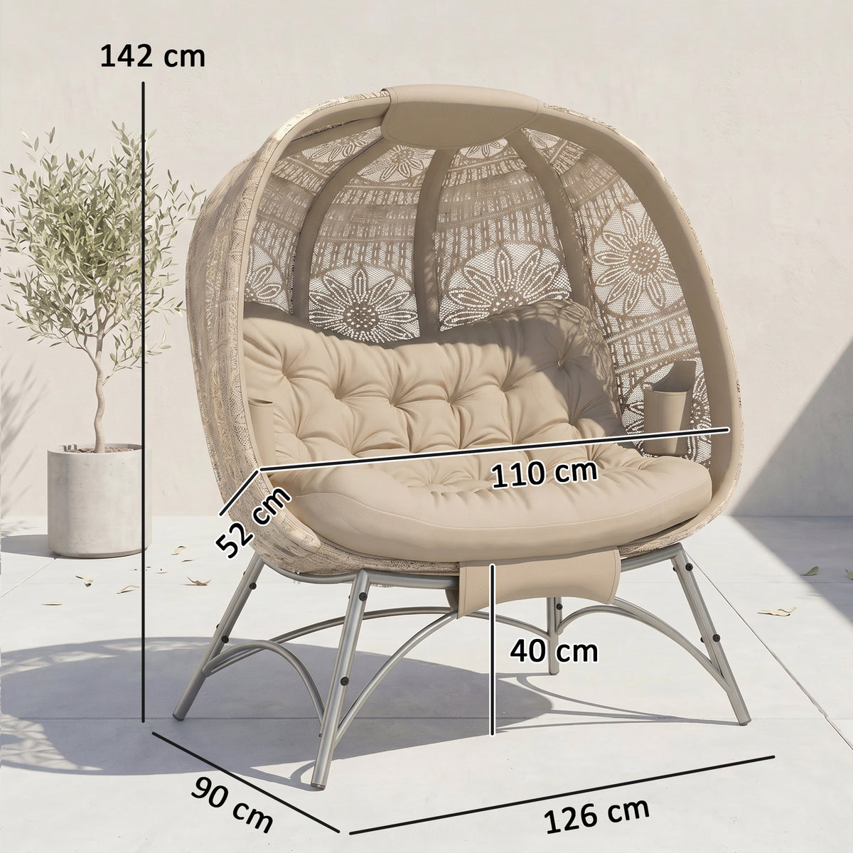 Gartenstuhl für 2 Personen, klappbar, großes Sitzkissen, Stahlrahmen, Farbe: Sand, 126 x 90 x 142 cm