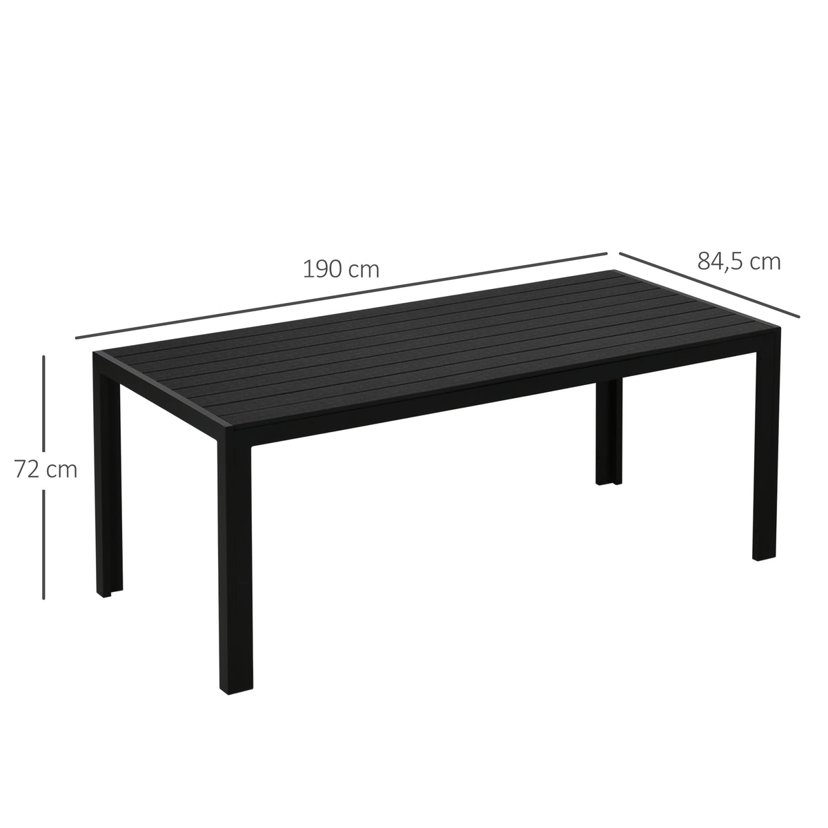  Gartentisch Kunststoff 190 x 84,5 x 72 cm Wetterfest, Holz Optik, Holzstrukur, rutschfest Buffettisch Campingtisch Balkontisch Terrassentisch Outdoor Esstisch für Garten, Balkon Schwarz
