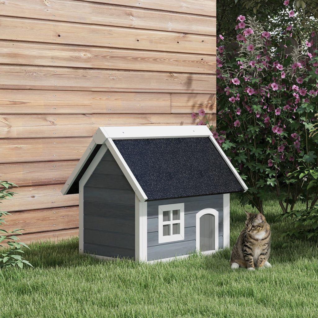 Outdoor Cat House, Wooden Feral Cat Shelter, with Openable Asphalt Roof, Three Doors - Grey