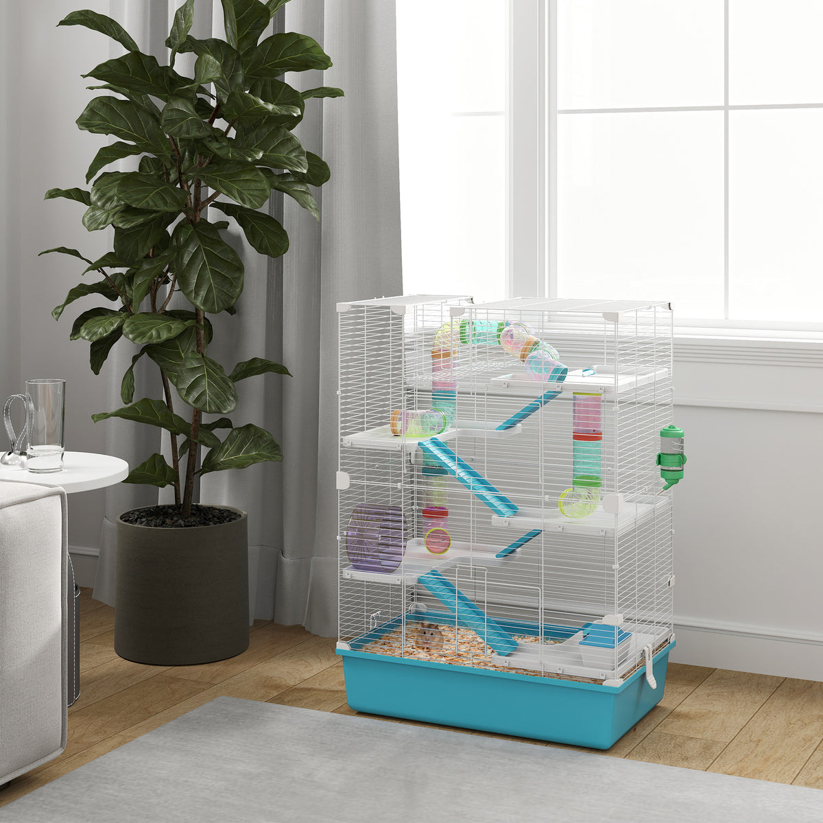6 Tier Hamster Cage, Small Animal Cage with Tubes, Exercise Wheel, Ramps, Hut, Food Dish, Water Bottle, Light Blue