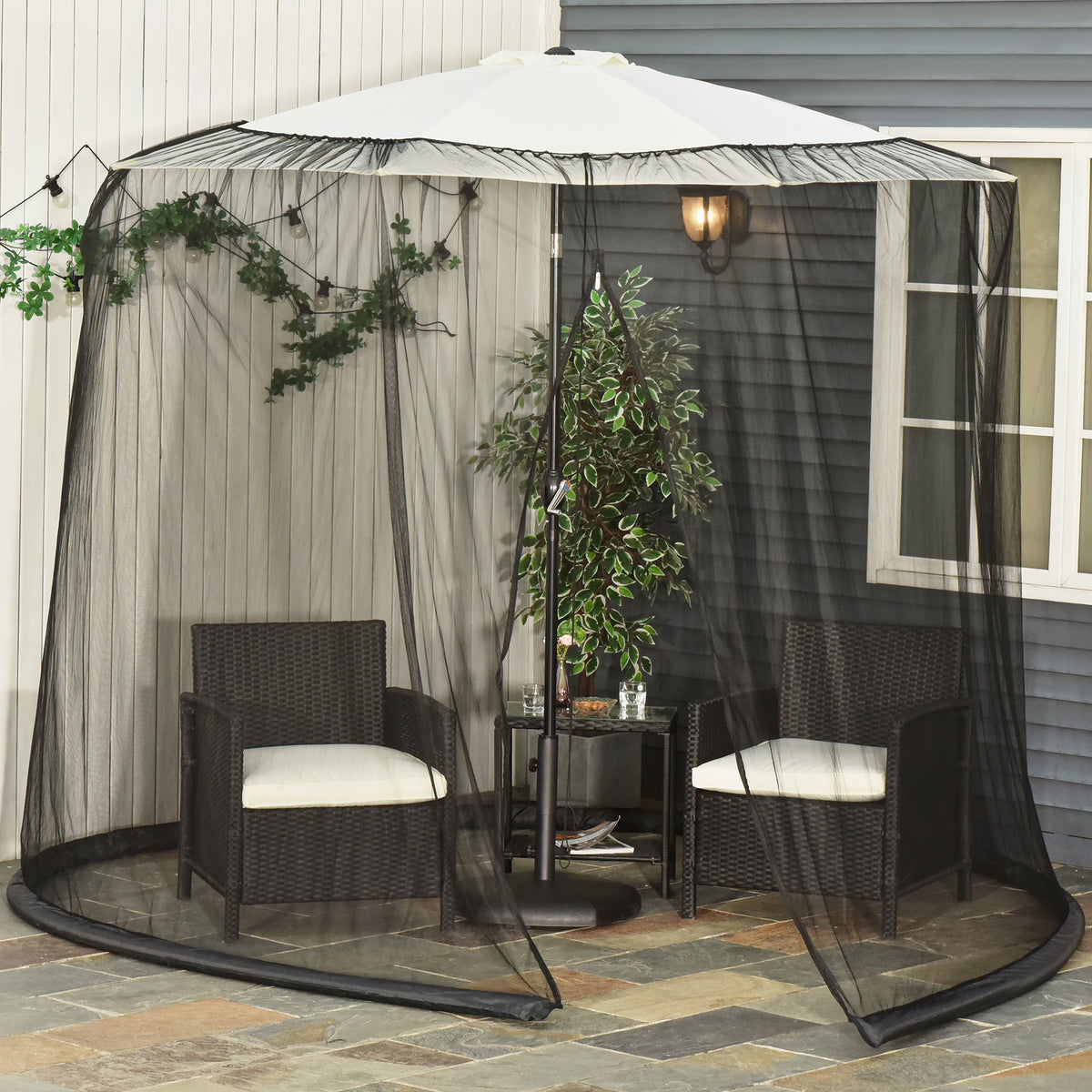 Outdoor Garden Umbrella Table Screen, 2.3 m Parasol Bug Mosquito Net Cover with Zipped Door, Patio Mosquito Netting Cover with Water Fillable Tube at Base, Black