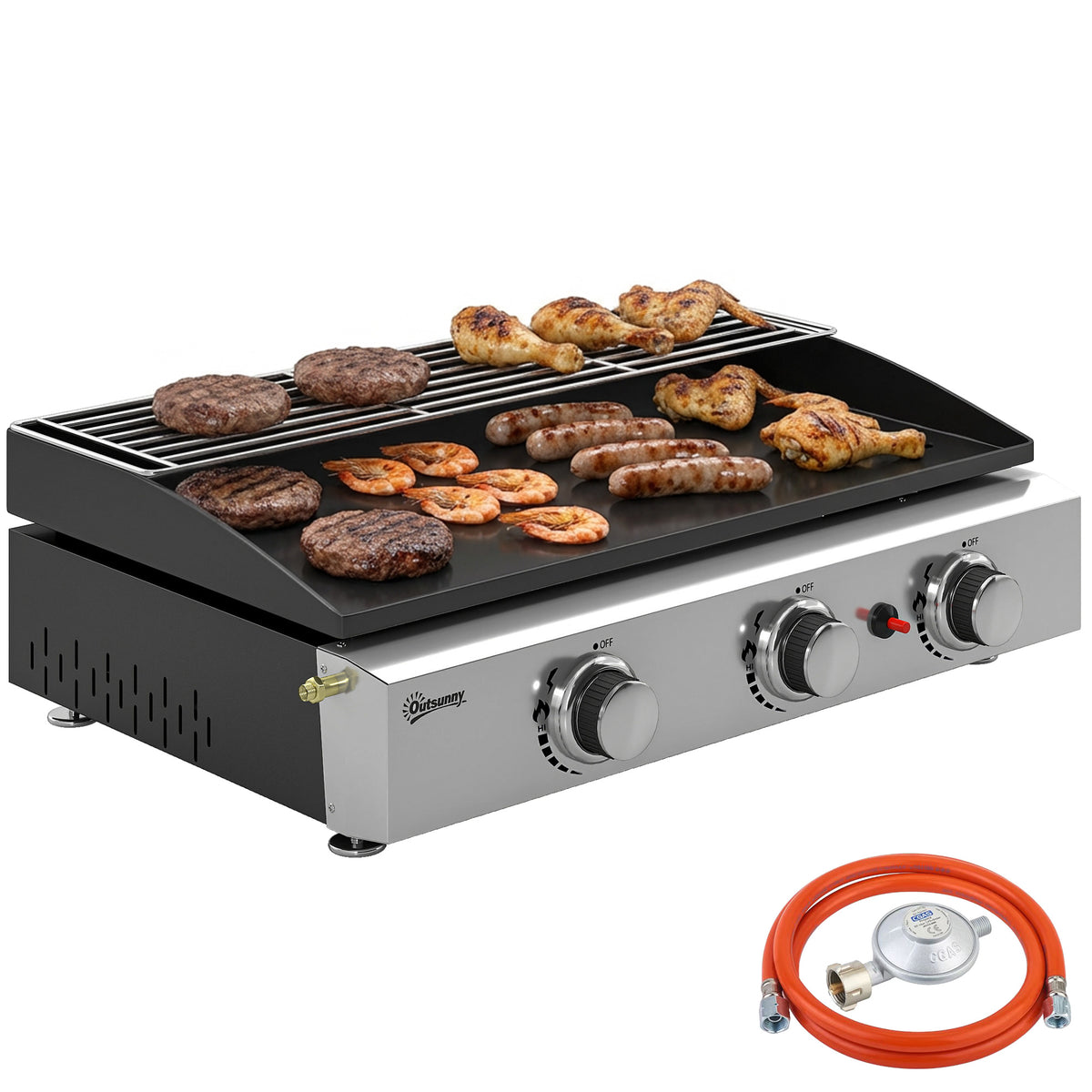 Gasgrill 7,5 KW Tragbarer Tischgrill mit 3 Brenner Keramische Lackbeschichtung Grillrost Warmhalterost