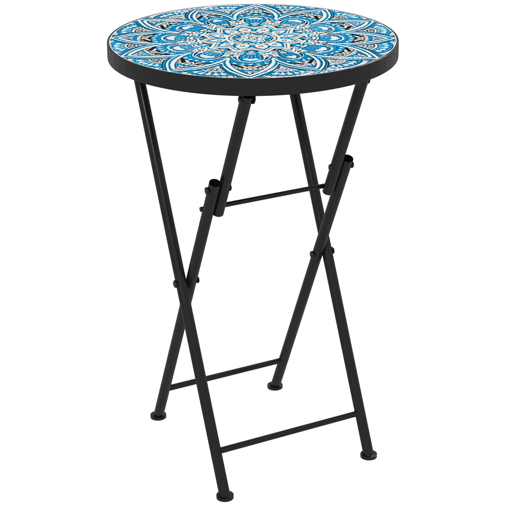 Mosaik-Gartentisch, Faltbarer runder Terrassentisch mit Metallrahmen und Keramik-Tischplatte, Mosaik-Muster, Blau
