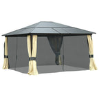 Hardtop-Gartenpavillon 4,2 x 3,6 m, Vorhänge mit Fliegennetz, Alugestell, Braun+Creme