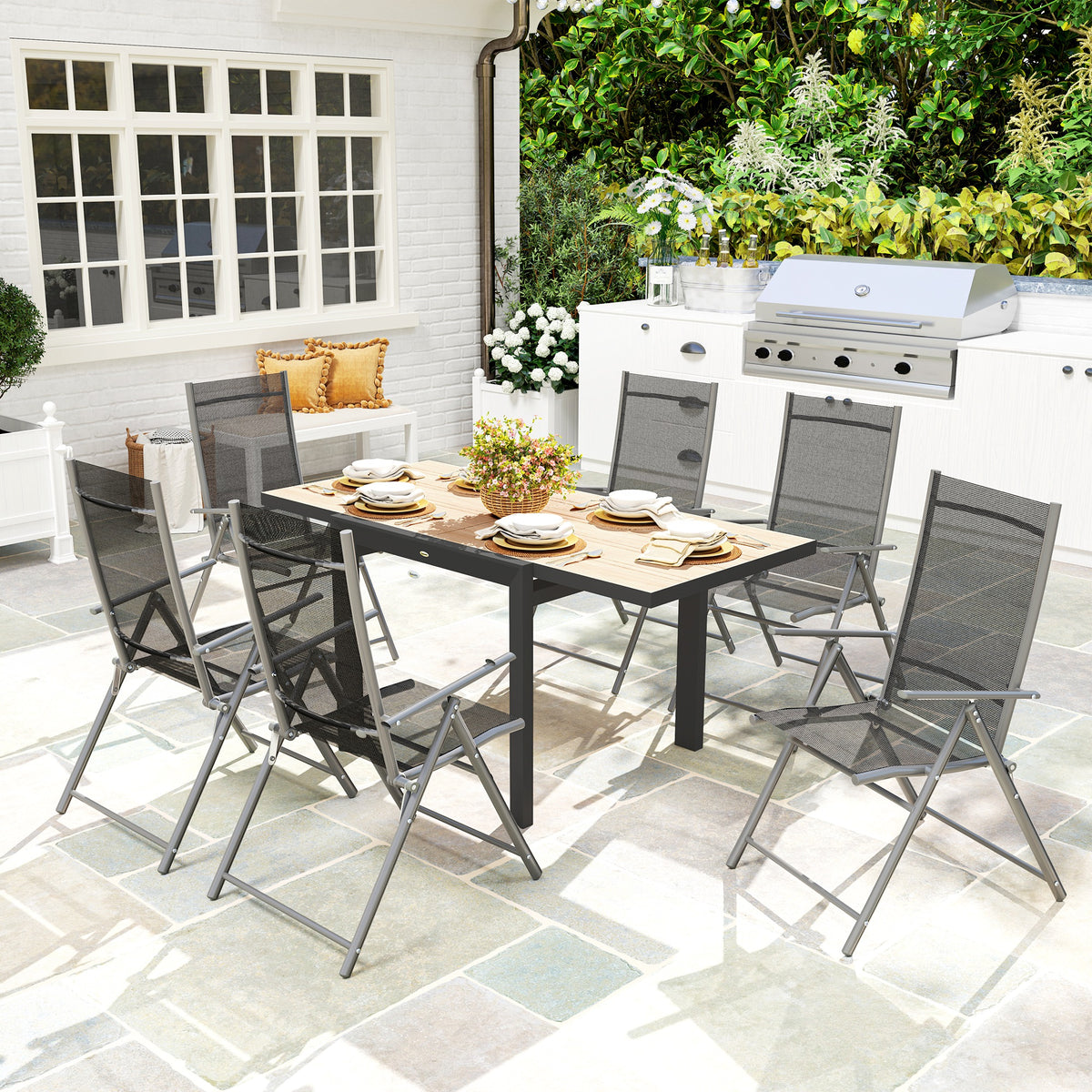 Gartentisch Ausziehbarer Aluminium 80/160x80 cm Wetterfest Balkontisch für 6 Personen Naturholz