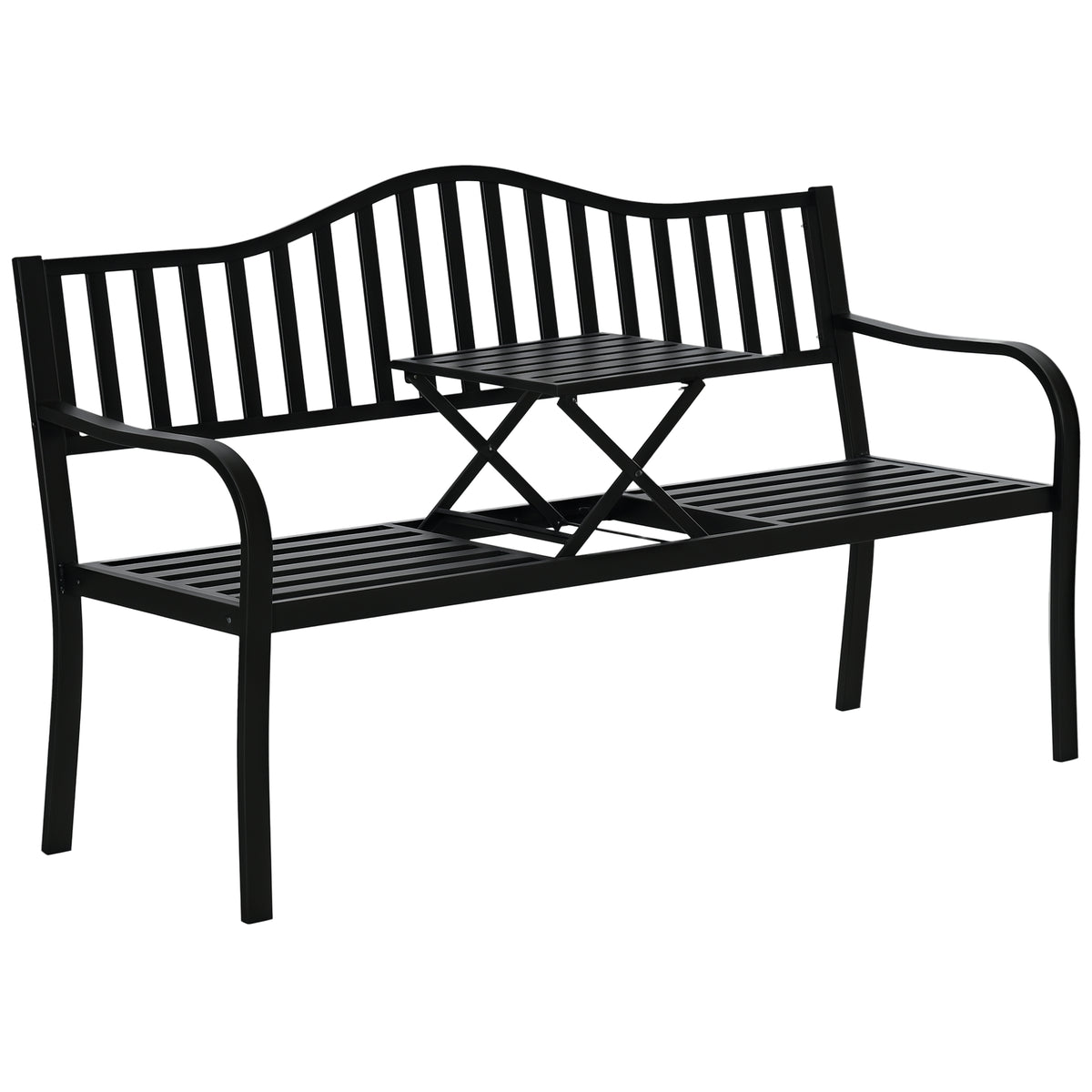Metal Outdoor Bench with Liftable Middle Table, Patio Loveseat, Garden Bench for Garden, Porch, Seats 2–3 People, Black