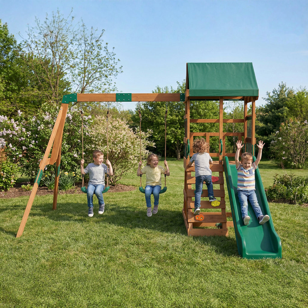 Spielturm Klettergerüst Holz Schaukelgestell mit Rutsche 2 Schaukeln Kletterwand für 3-8 Jahre 315x284x233 cm Grün