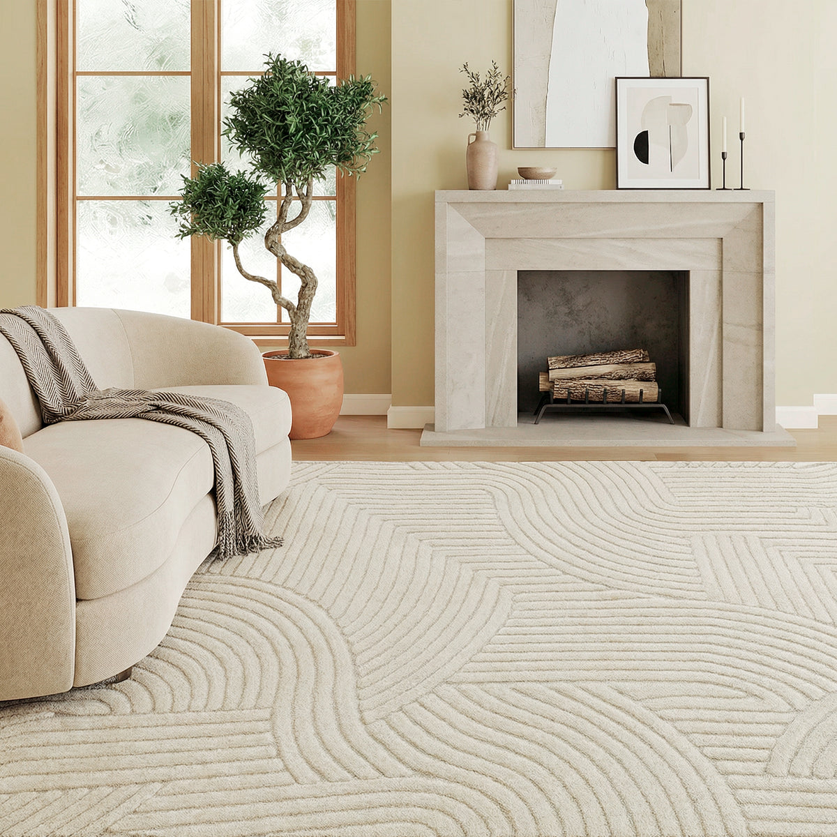 Modern Geometric Rug, Thick Plush, Non-Slip, 200 x 140 cm ¨C Cream, Living Room/Bedroom/Office
