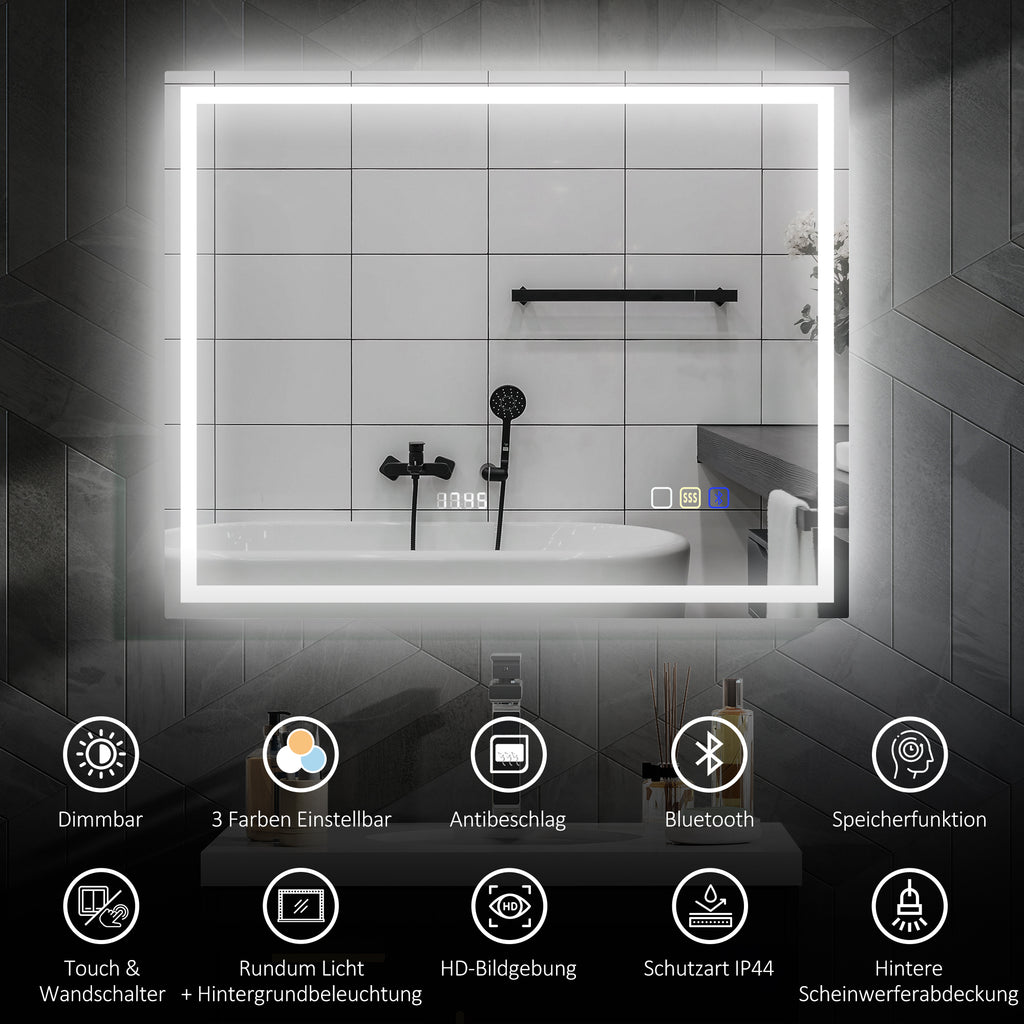 Badspiegel mit Beleuchtung 100x80 cm LED Spiegel Uhr Silber
