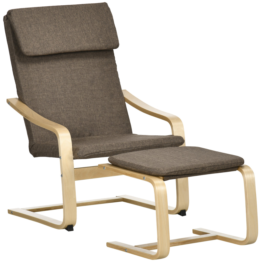 Sessel mit Fußhocker, Sessel-Set, Leinenoptik, Massivholz, Braun + Natur