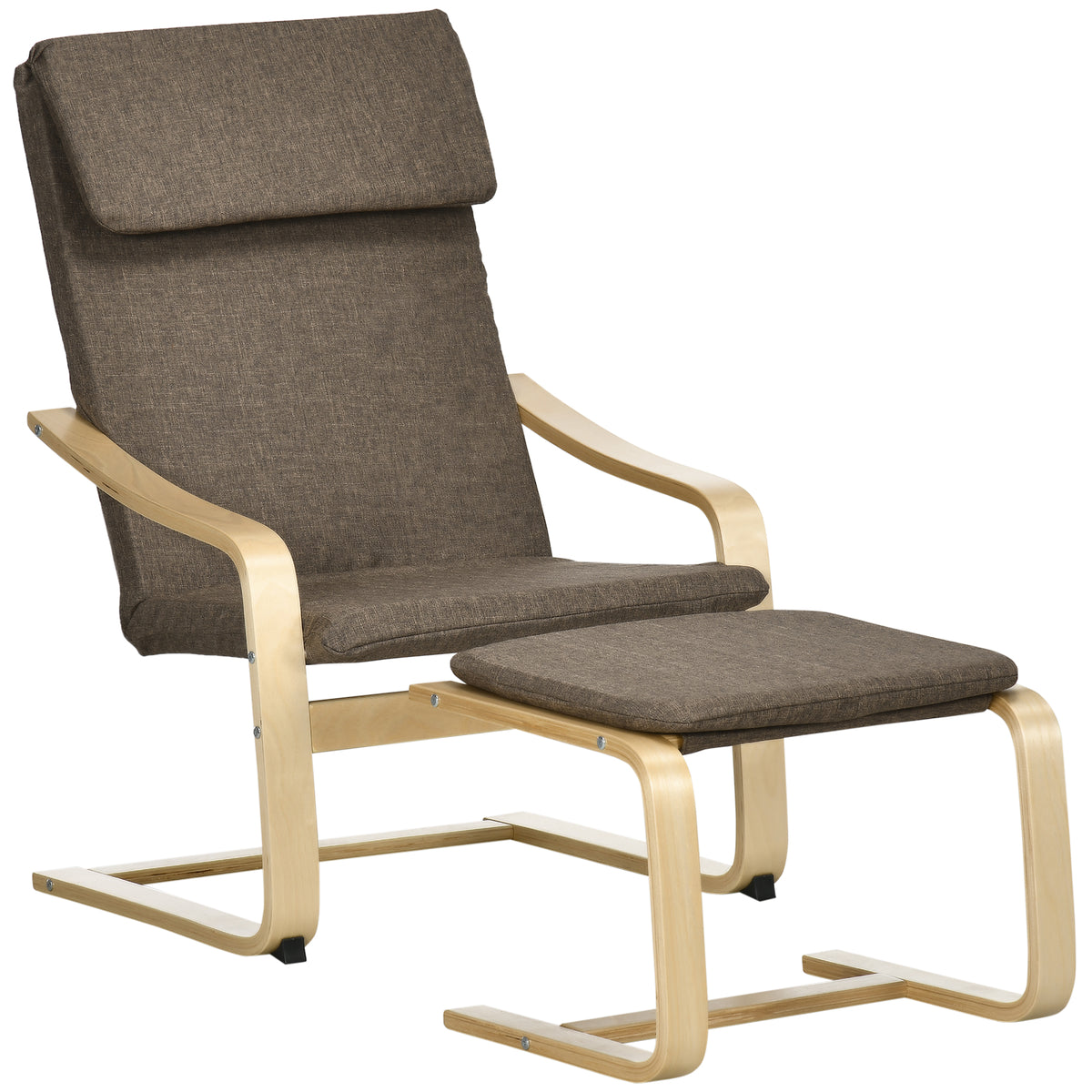 Sessel mit Fußhocker, Sessel-Set, Leinenoptik, Massivholz, Braun + Natur