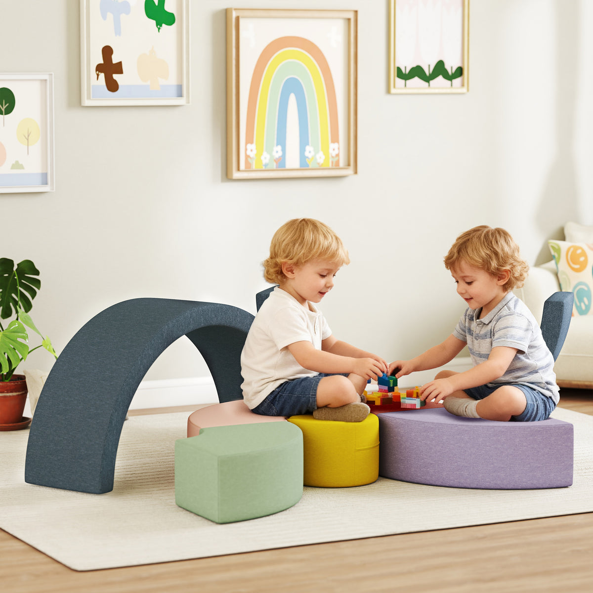 7-teiliges Weichbauklötze-Set für Kleinkinder, Schaumstoff, waschbarer Cordbezug, verschiedene Formen, Bunt