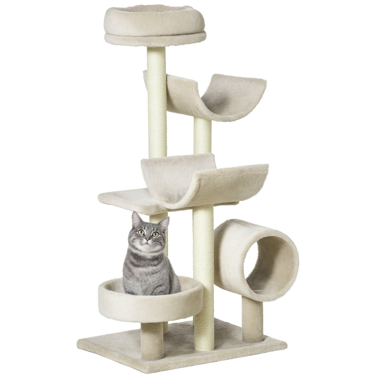 Kratzbaum 105cm Katzenbaum mit Tunnel, Plattformen Katzenkratzbaum mit Sisal-Kratzsäulen, für Katzen bis 5 kg, Beige