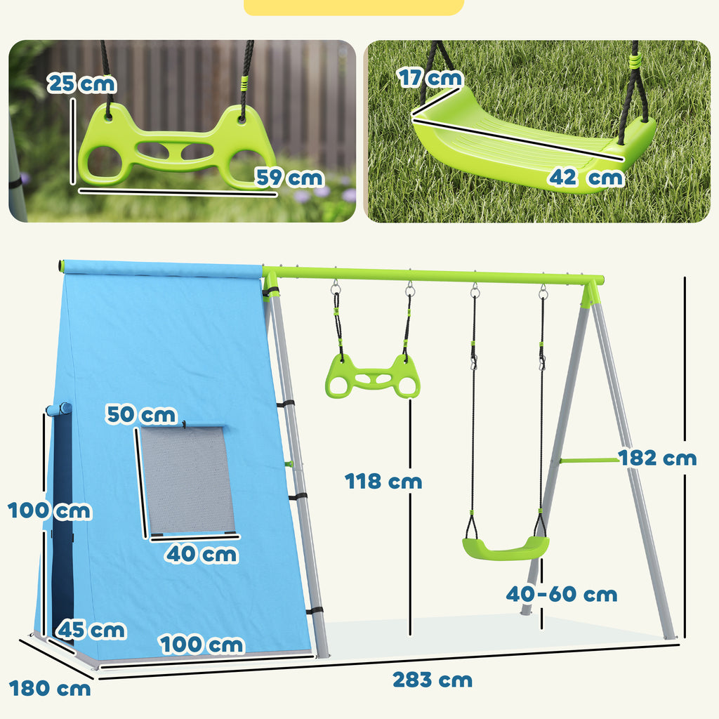 3-in-1 Schaukelset, Spielzelt, Schaukel, Turnringe, Metall, Kunststoff, Grün